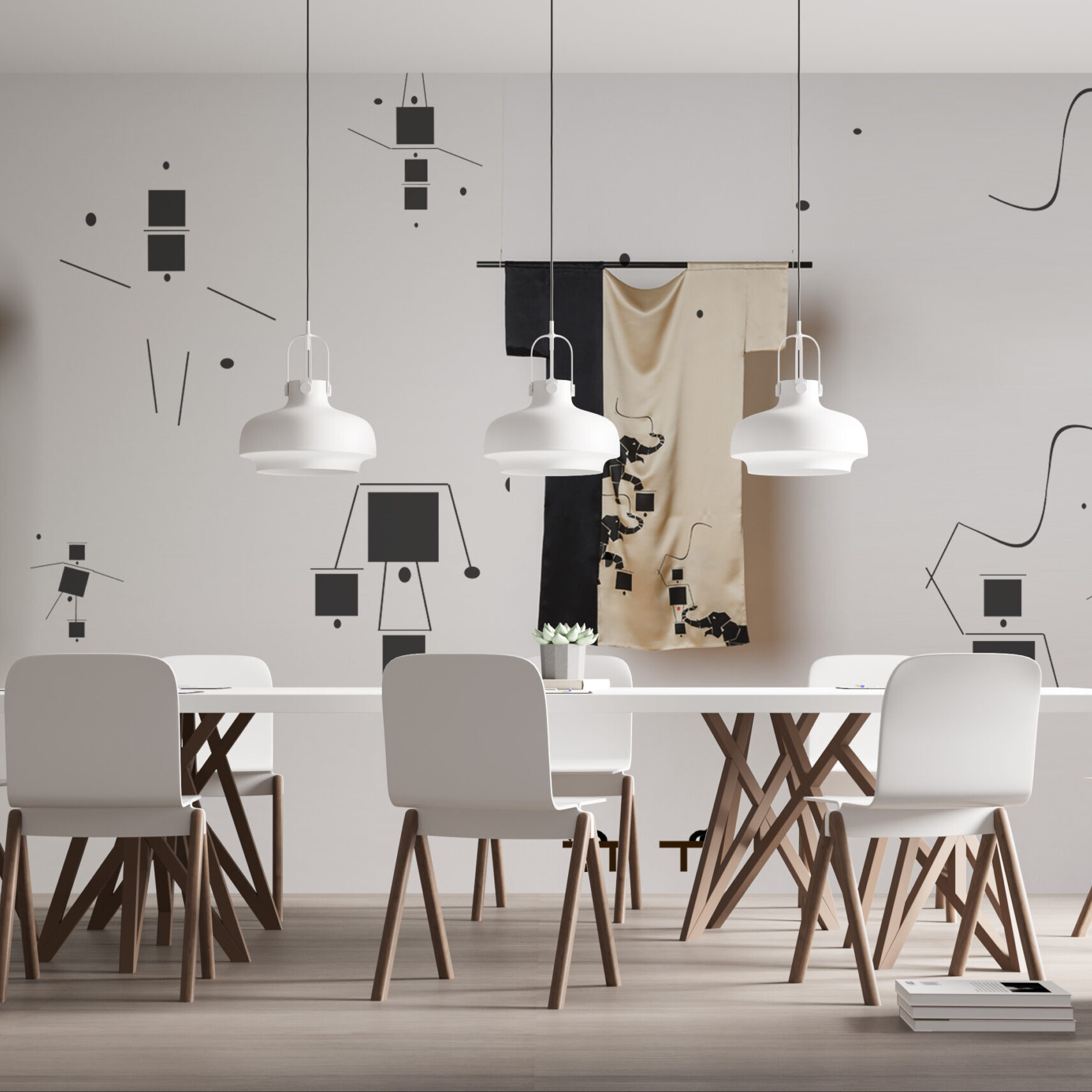 Heller Besprechungsraum mit großem weißen Tisch, modernen Stühlen und grafischer Wandgestaltung in Schwarz und Beige