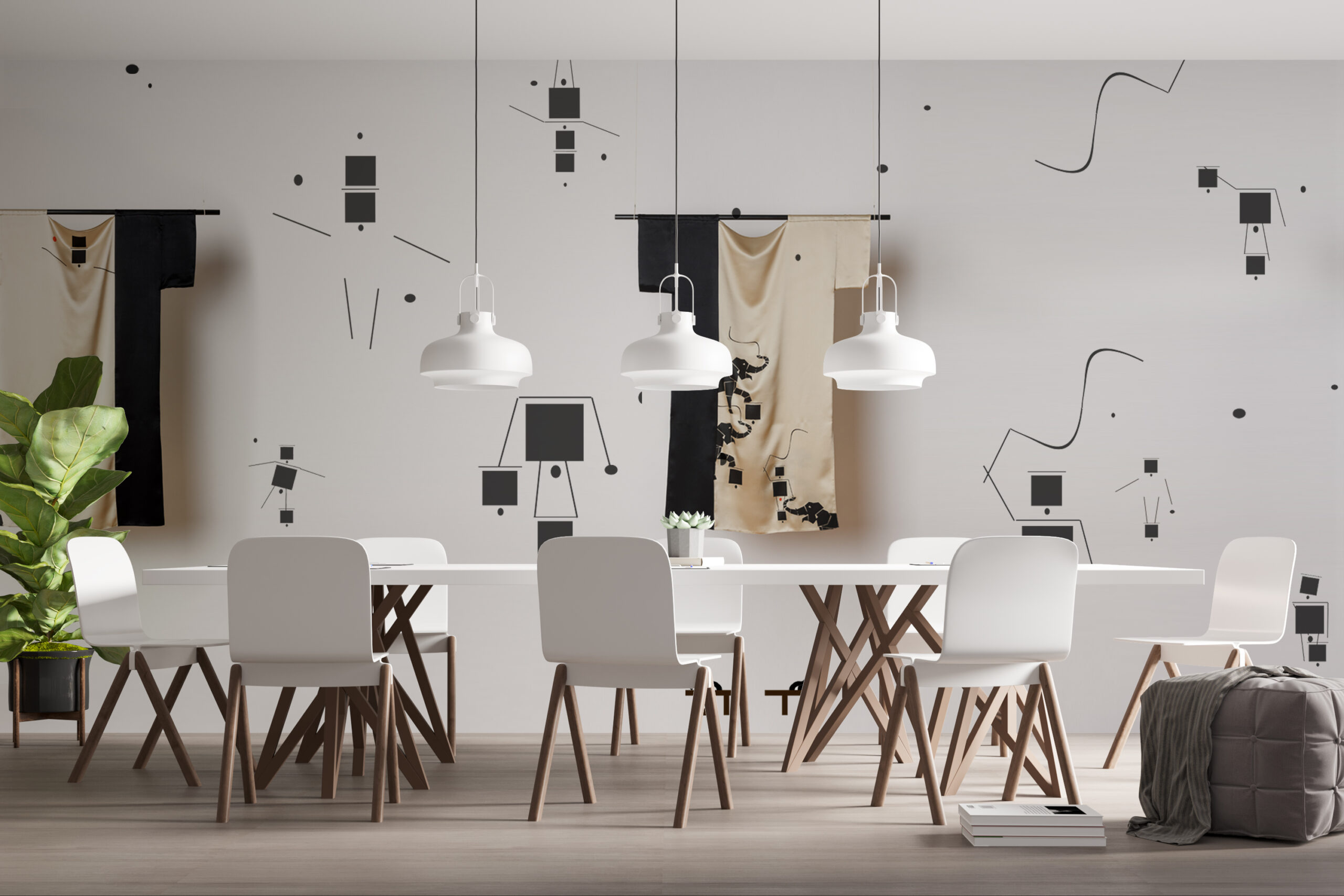 Heller Besprechungsraum mit großem weißen Tisch, modernen Stühlen und grafischer Wandgestaltung in Schwarz und Beige