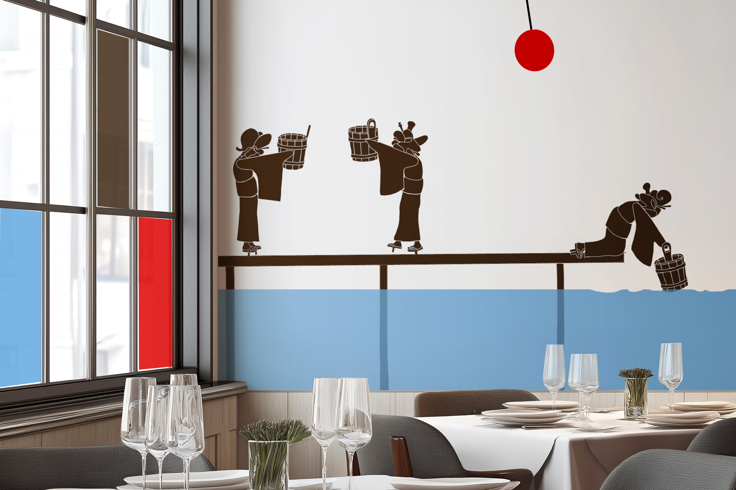 Modern gestalteter Restaurantbereich mit Wandkunst in Form von stilisierten Figuren über einer blauen Fläche und roten Akzenten