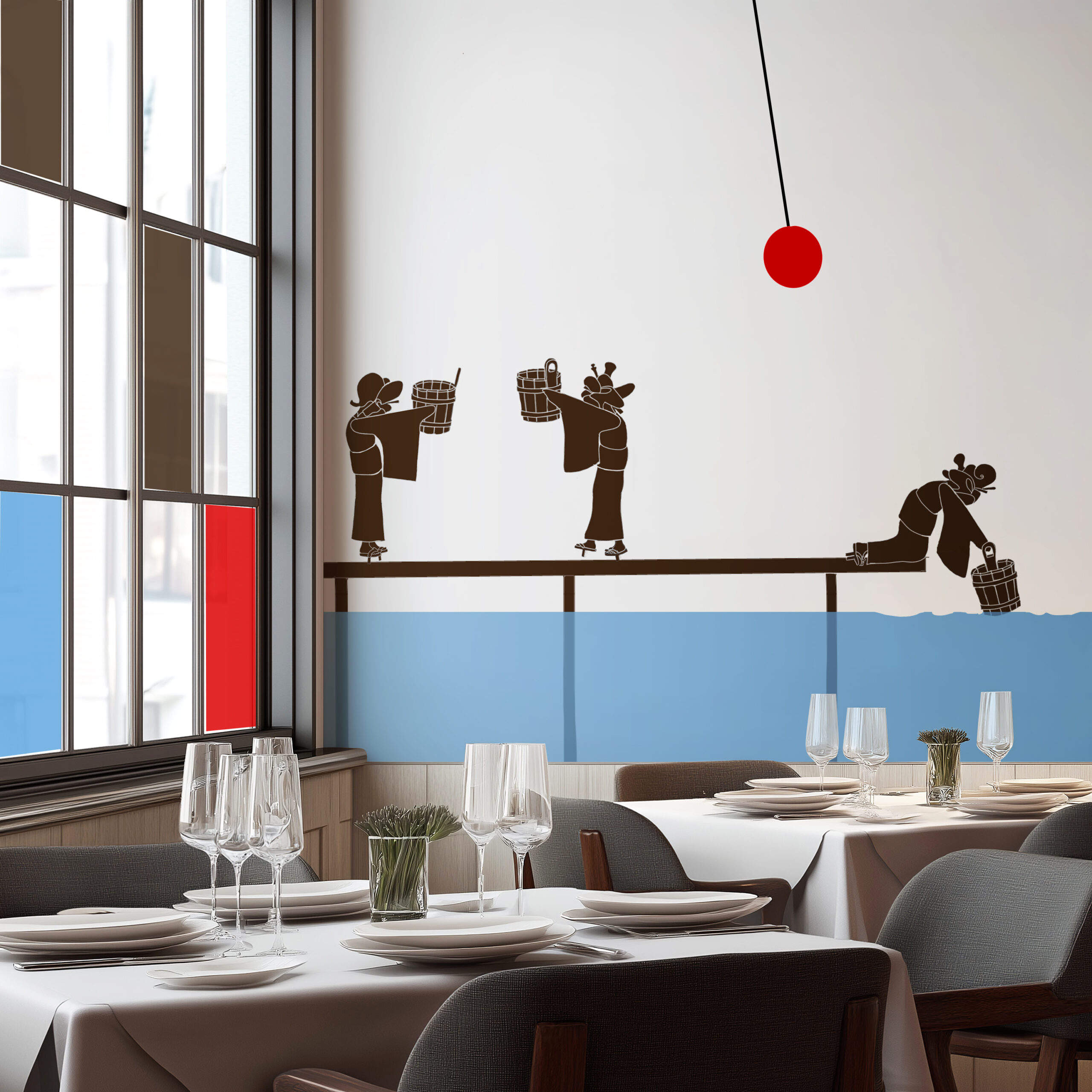 Modern gestalteter Restaurantbereich mit Wandkunst in Form von stilisierten Figuren über einer blauen Fläche und roten Akzenten