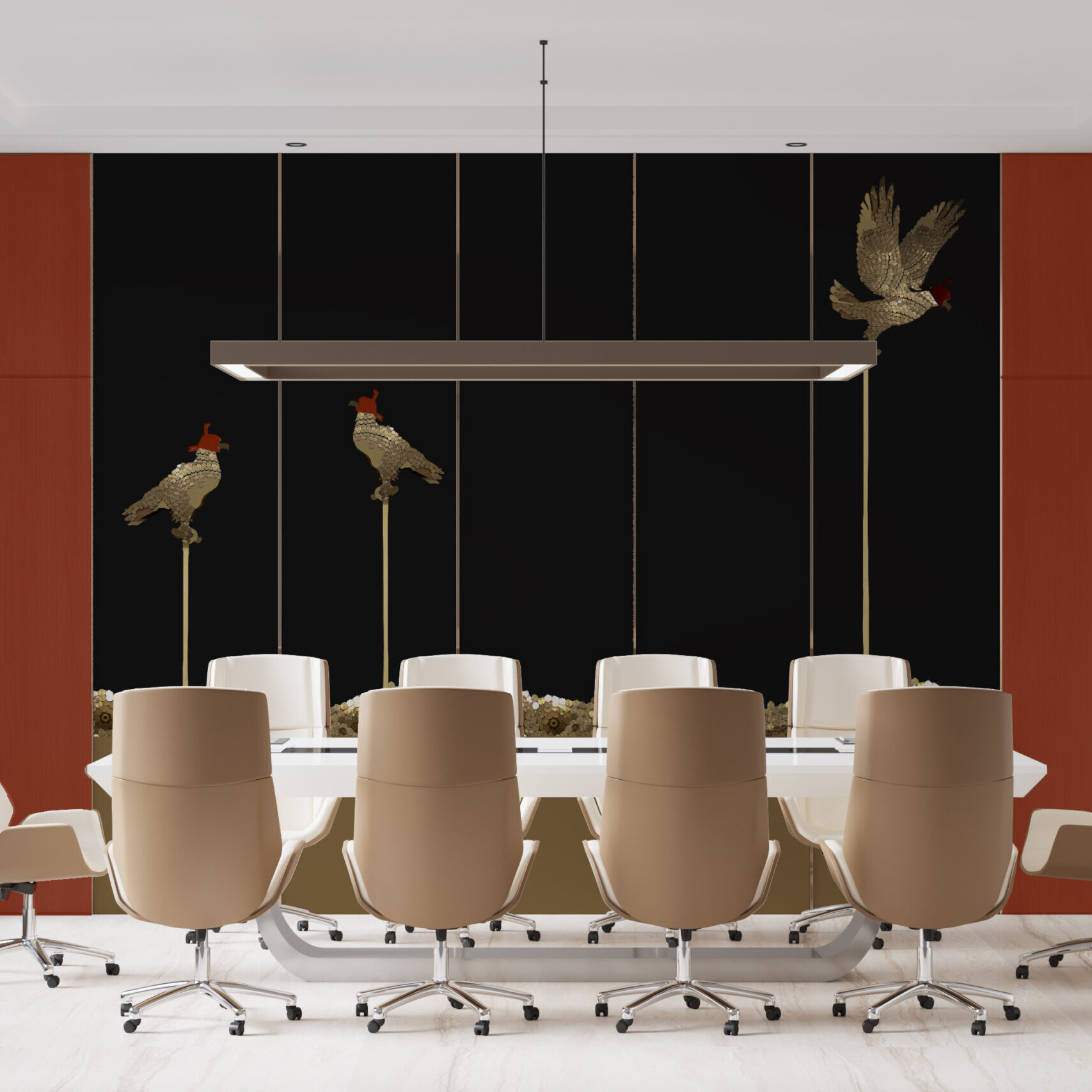 Moderner Konferenzraum mit großem weißen Tisch, beigen Drehstühlen und markanter Wandgestaltung im Stil hochwertiger Gestaltungskonzepte