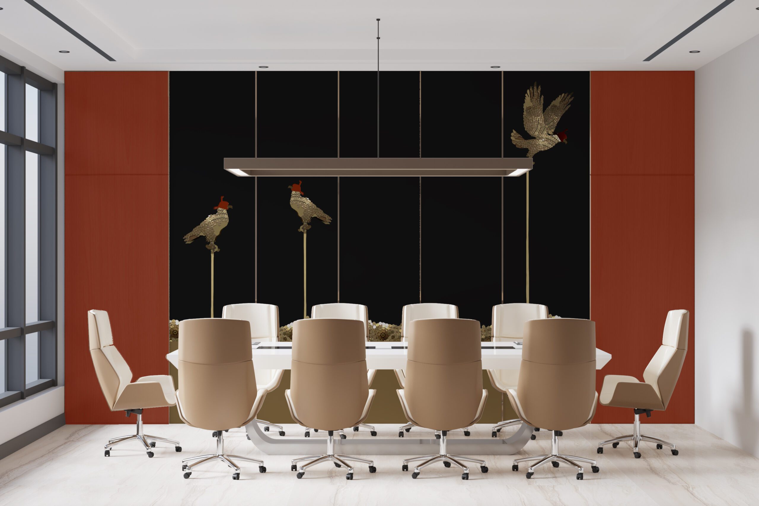 Moderner Konferenzraum mit großem weißen Tisch, beigen Drehstühlen und markanter Wandgestaltung im Stil hochwertiger Gestaltungskonzepte