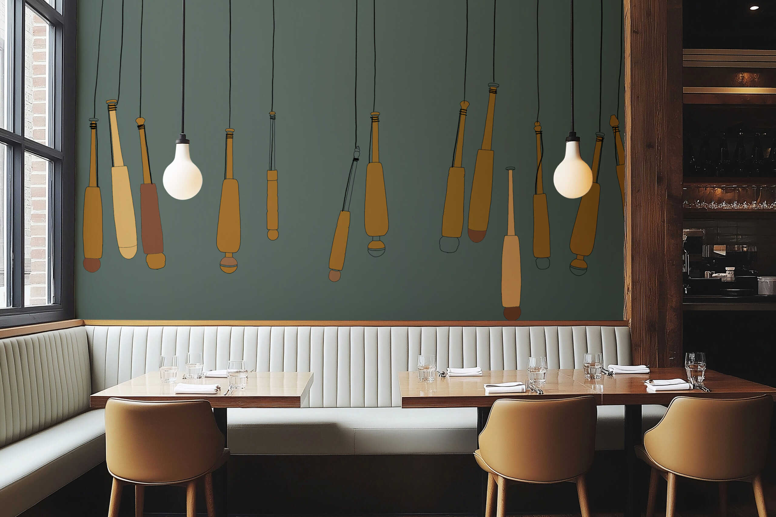 Modernes Restaurantinterieur mit Loft-Charakter mit heller Sitzbank. Auf der rechten Seite ist eine große Fensterfront, durch die Licht auf die eingedeckten Tische fällt. An der Rückwand ist ein Wandbild mit einem erzgebirgisch inspirierten Motiv mit Spitzen und Klöppeln.